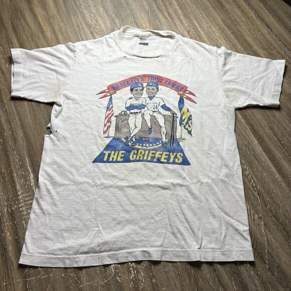 Vintage 1990 The Griffeys Ken Jr Sr MLB Trench Medium Single Stitch THRASHED - Picture 1 of 11